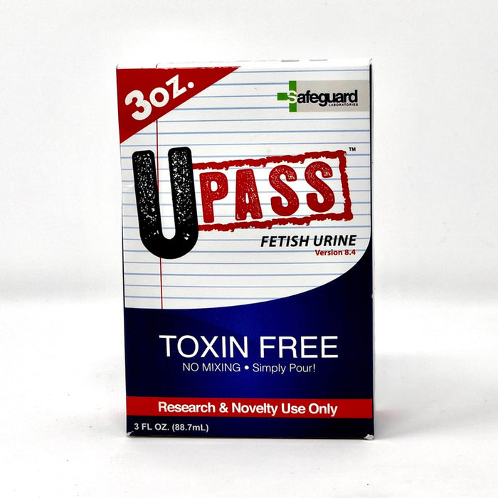 U-Pass Version 8.4 3 oz fetish urine package on white background